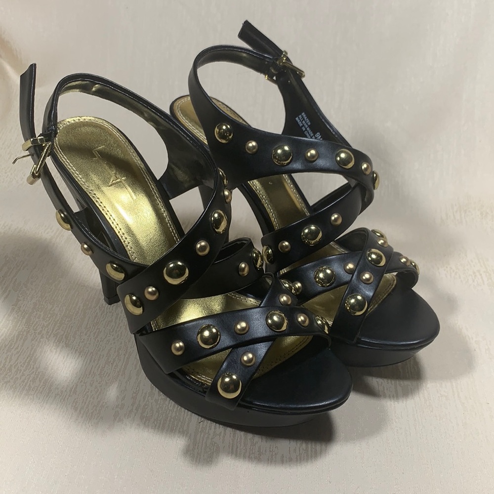Black Strappy Platform Heels with Gold Studded Accents - Size 9M"